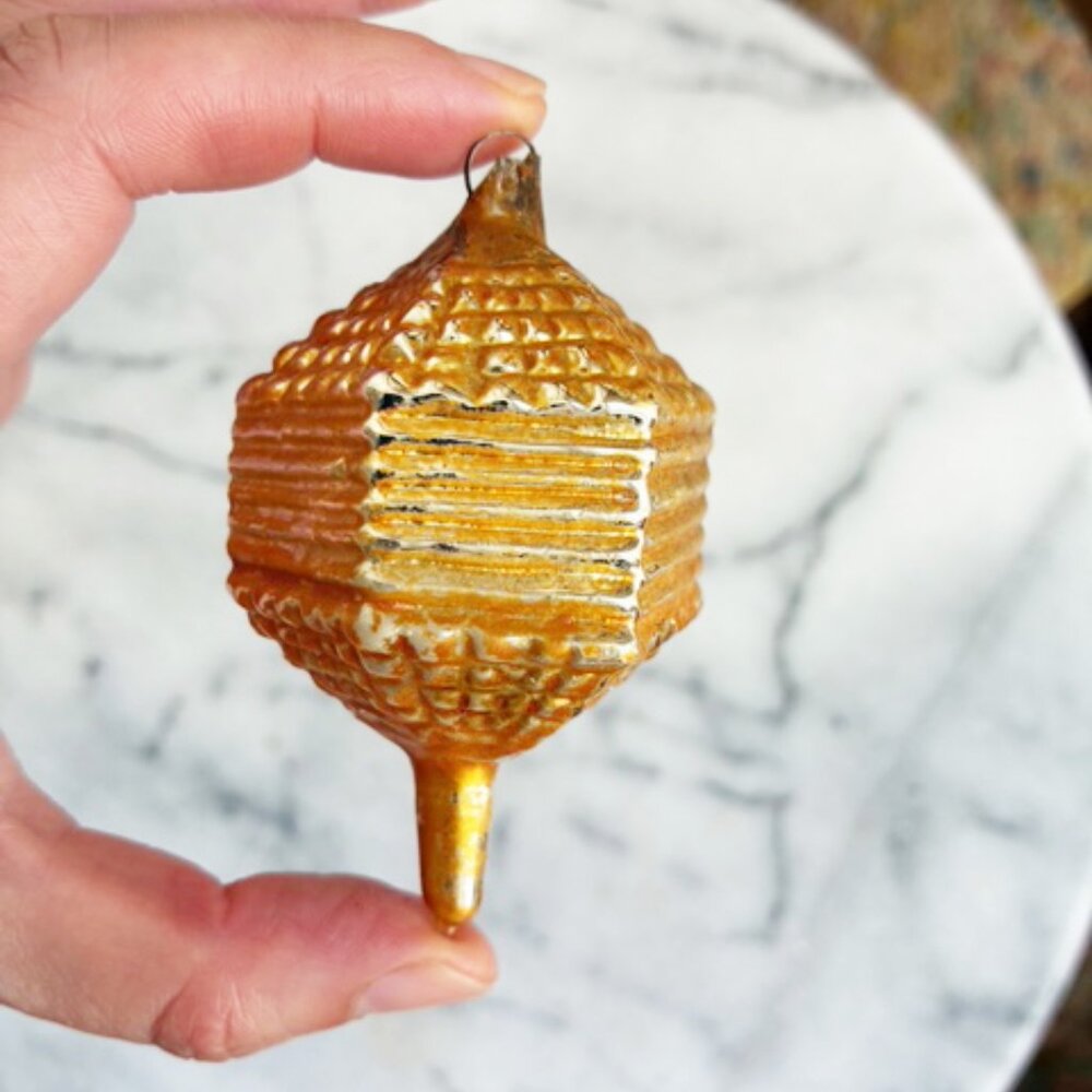 Antique Dreidel Gold Glass Christmas Ornament 3” German Vintage Spinner Toy